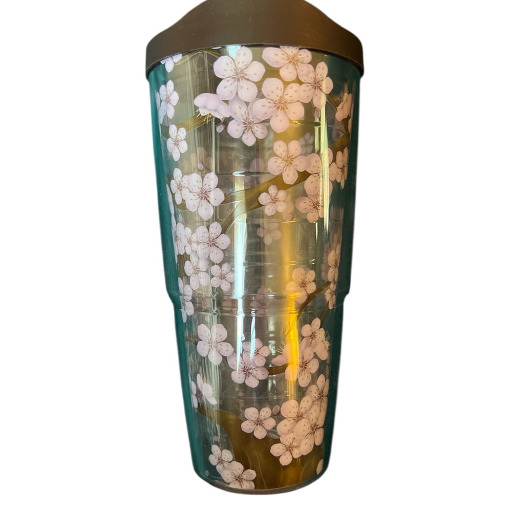 Tervis 24oz cherry blossom tumbler brown lid double walled